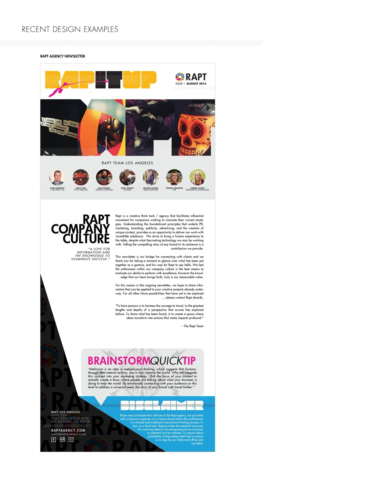 RAPT Agency client newsletter case study board showing the editorial layout and cover design