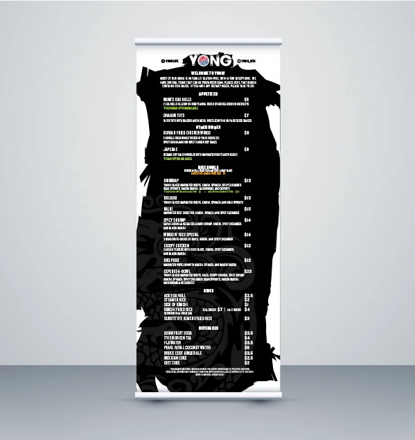 YONG retractable banner featuring the full menu