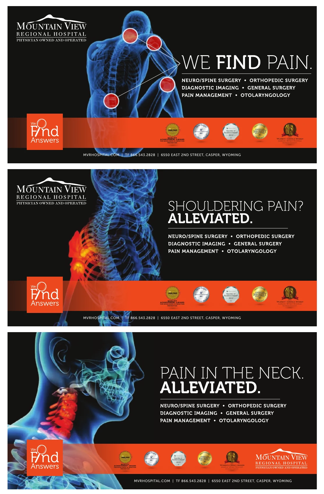 We Find Pain x-ray creative campaign showing shoulder, spine and neck pain-alleviated executions