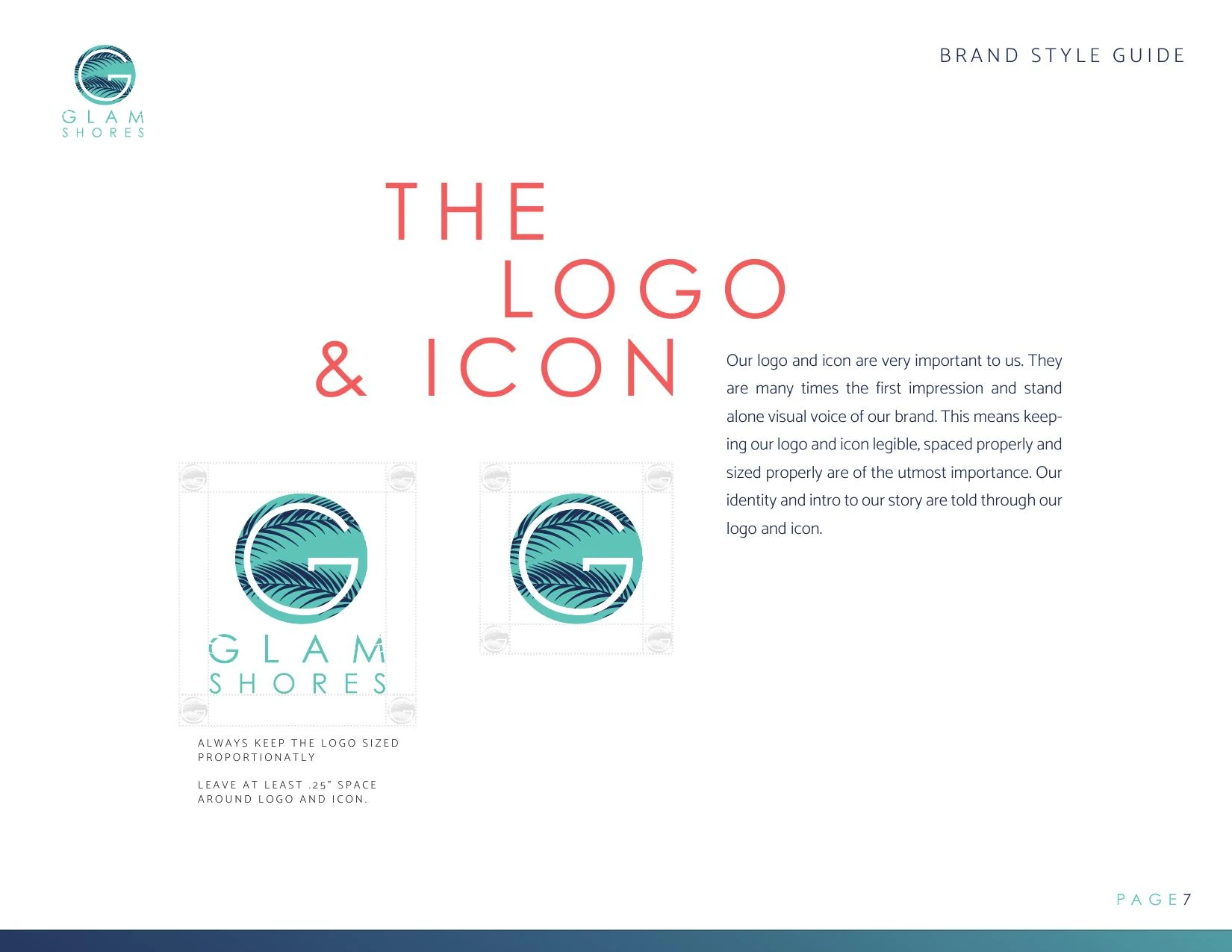 Glam Shores brand style guide page showing logo and icon usage rules with clearspace