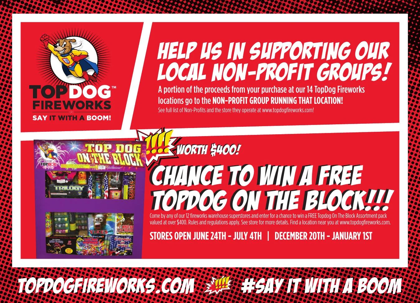 TopDog Fireworks non-profit partnership and Top Dog On The Block giveaway flyer