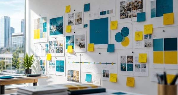 Brand strategy boards, sticky notes and a project timeline pinned to a bright studio wall