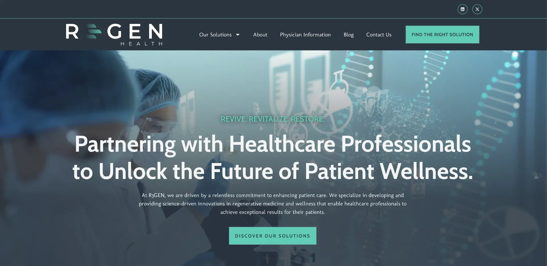 R3Gen Health website hero showing a clinician in a lab with regenerative medicine imagery and the headline Partnering with Healthcare Professionals