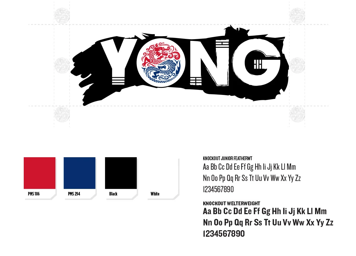 YONG primary wordmark with dragon medallion, color palette and typography standards