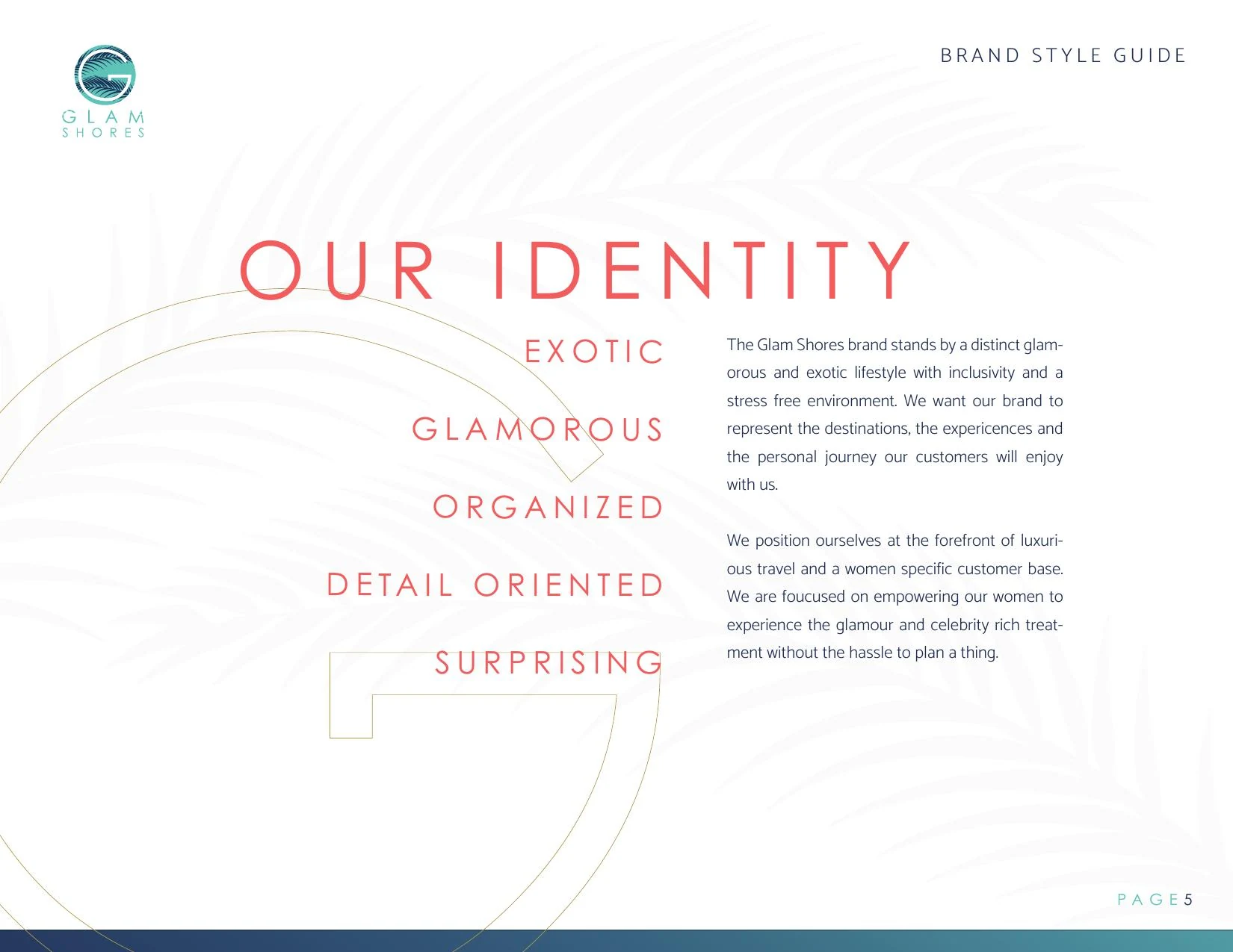 Glam Shores brand style guide, Our Identity page listing exotic, glamorous, organized, detail oriented, surprising