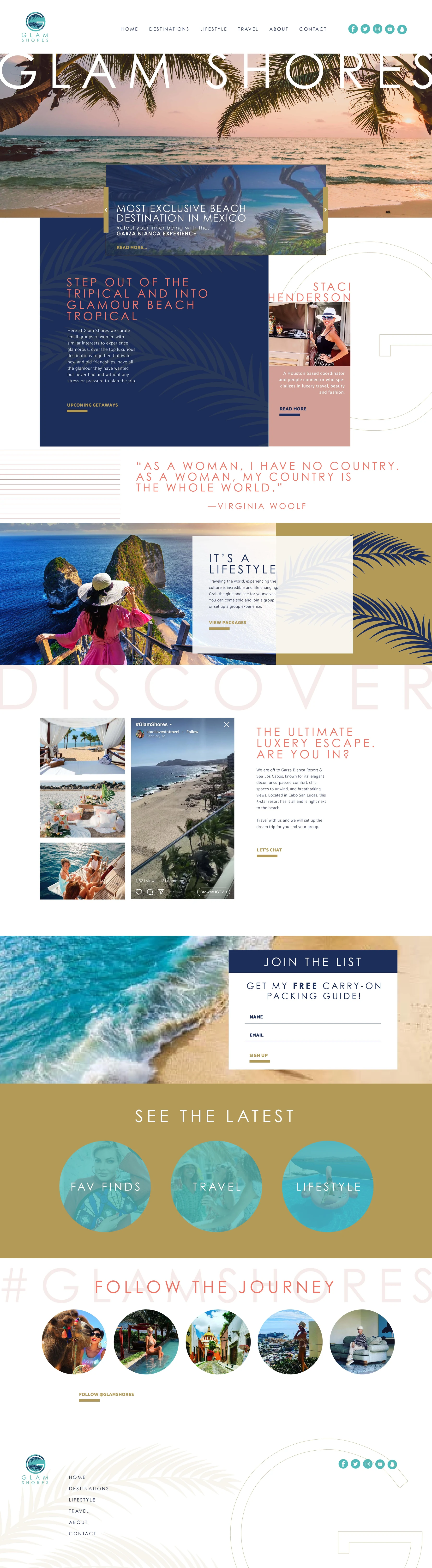 Glam Shores full marketing website homepage with sunset beach hero, curator profile, lifestyle module and follow the journey feed