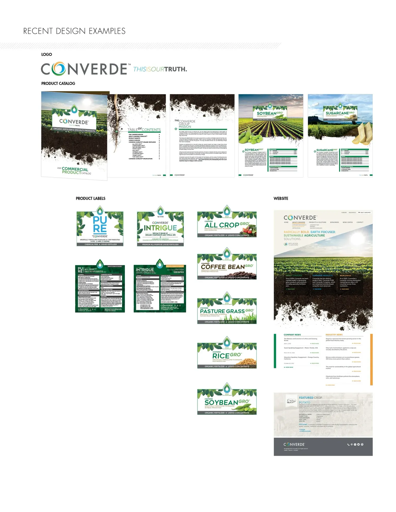 Converde case study board showing the rebrand, style guide, product catalog and packaging label designs