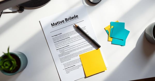A printed creative brief with handwritten notes, a pen and blue and yellow sticky notes on a desk