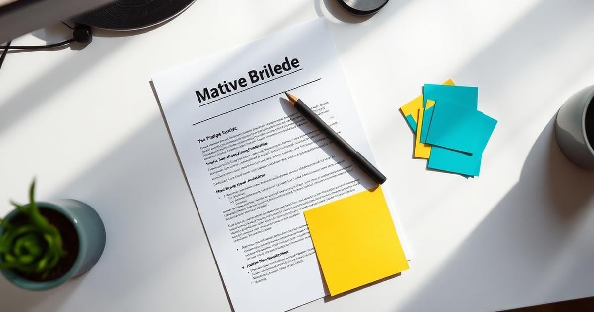 A printed creative brief with handwritten notes, a pen and blue and yellow sticky notes on a desk