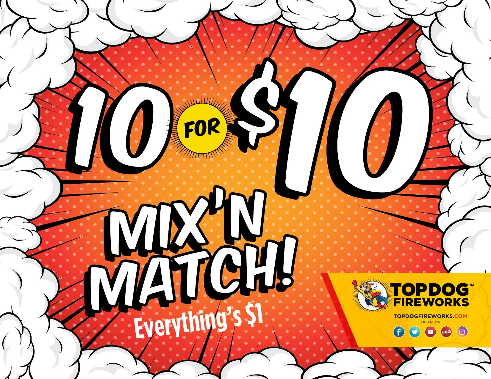 TopDog Fireworks 10 for $10 Mix N Match in-store promotional placard