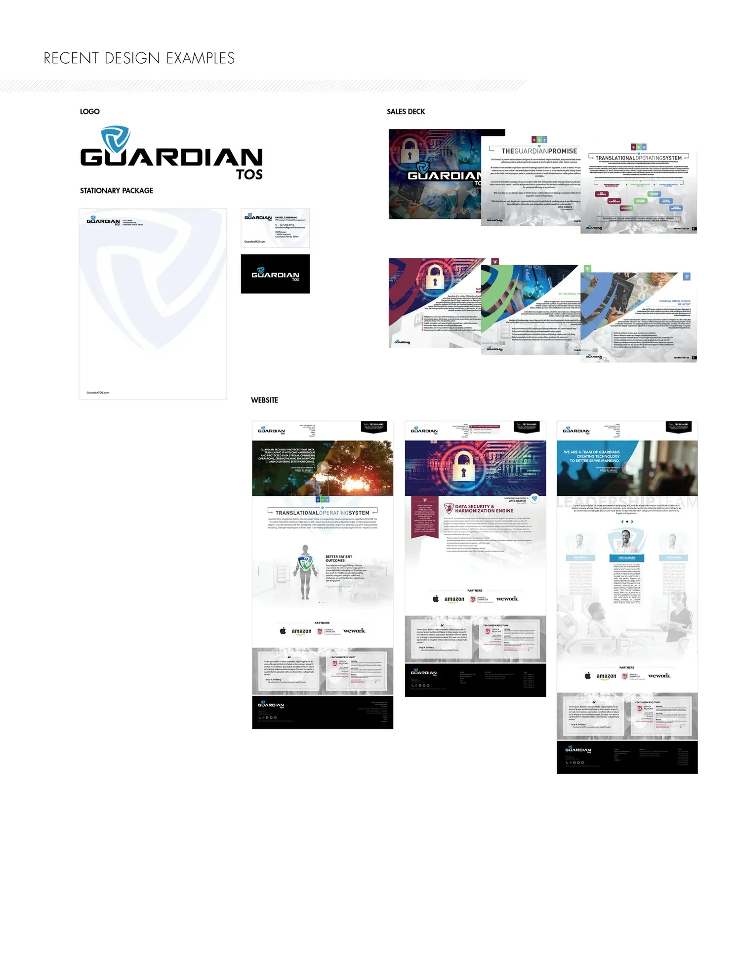 Guardian TOS case study board showing the rebrand, style guide, sales deck and stationery designs