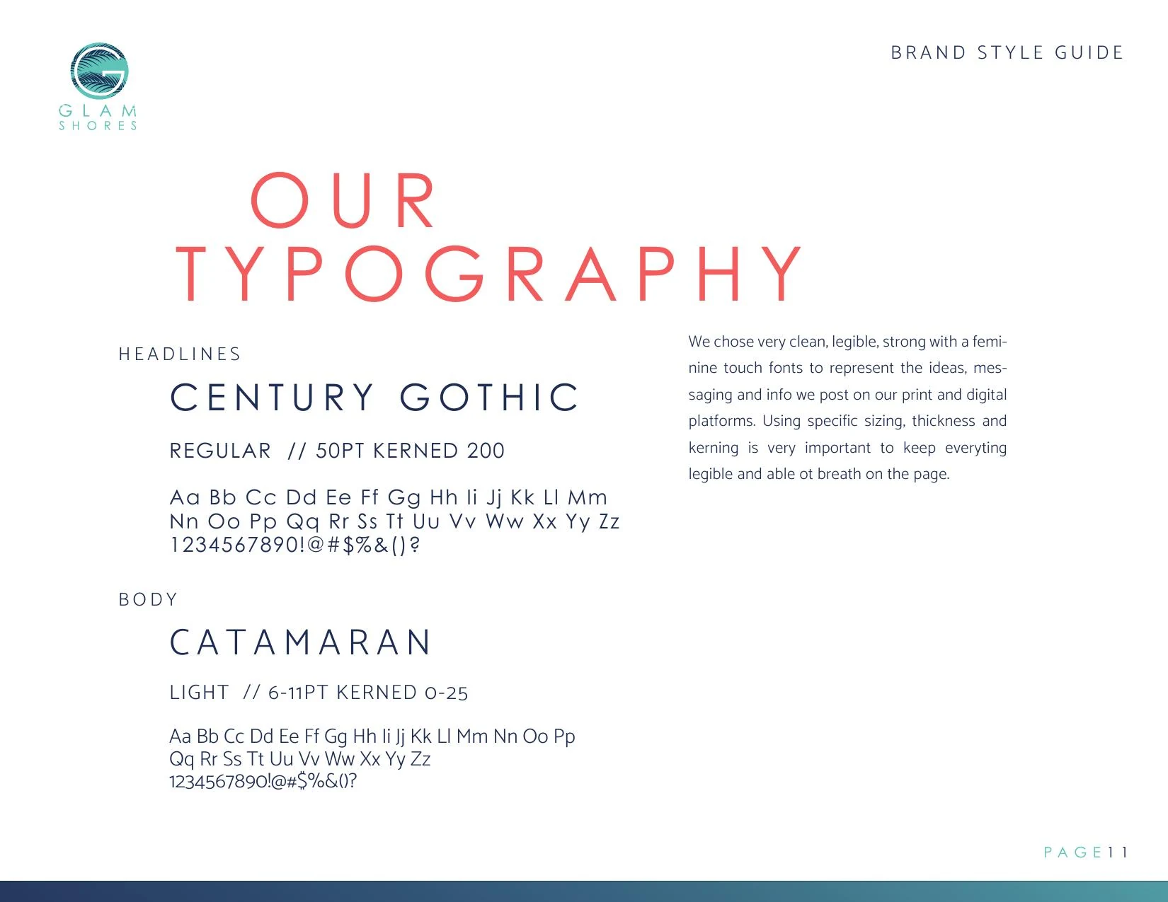 Glam Shores typography system page featuring Century Gothic headlines and Catamaran body copy