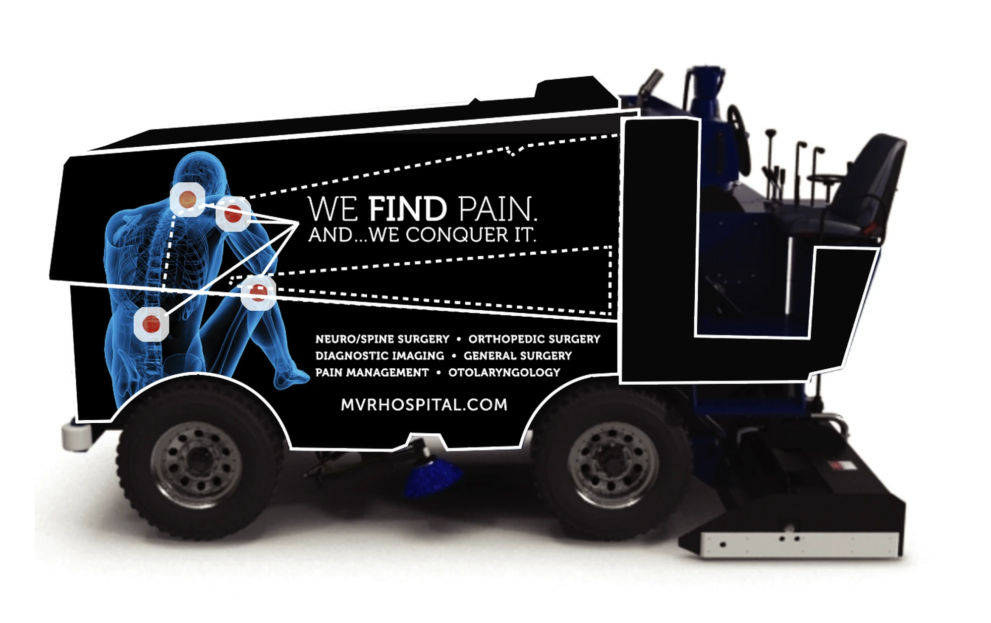 MVRH Zamboni ice resurfacer wrap with We Find Pain, And We Conquer It campaign messaging