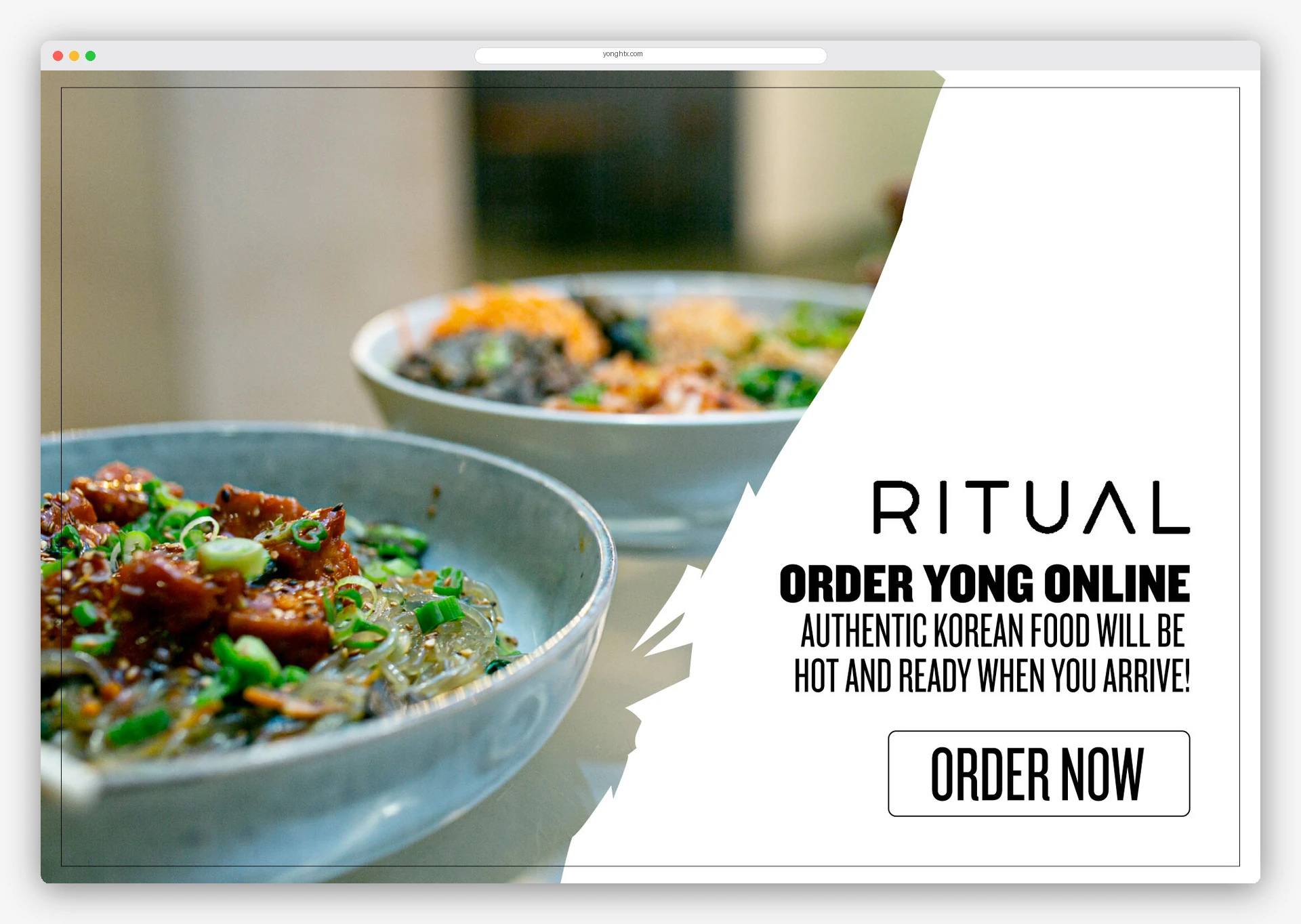 YONG marketing website homepage mockup with hero food photography and online ordering call to action
