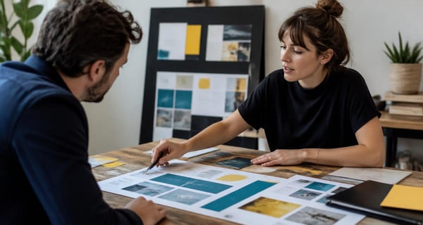 A designer and a business owner reviewing printed branding proposals across a table