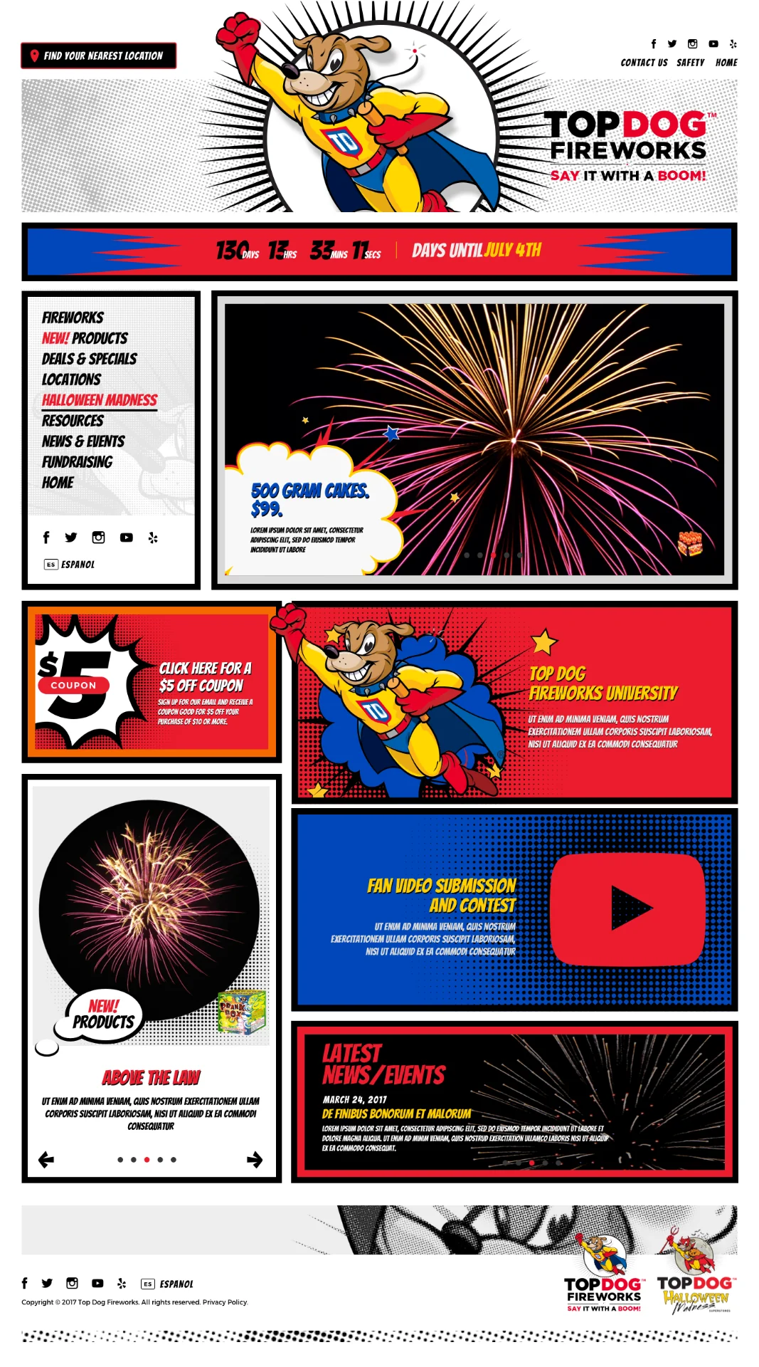 TopDog Fireworks redesigned homepage with hero dog banner, countdown to July 4th and promotional grid