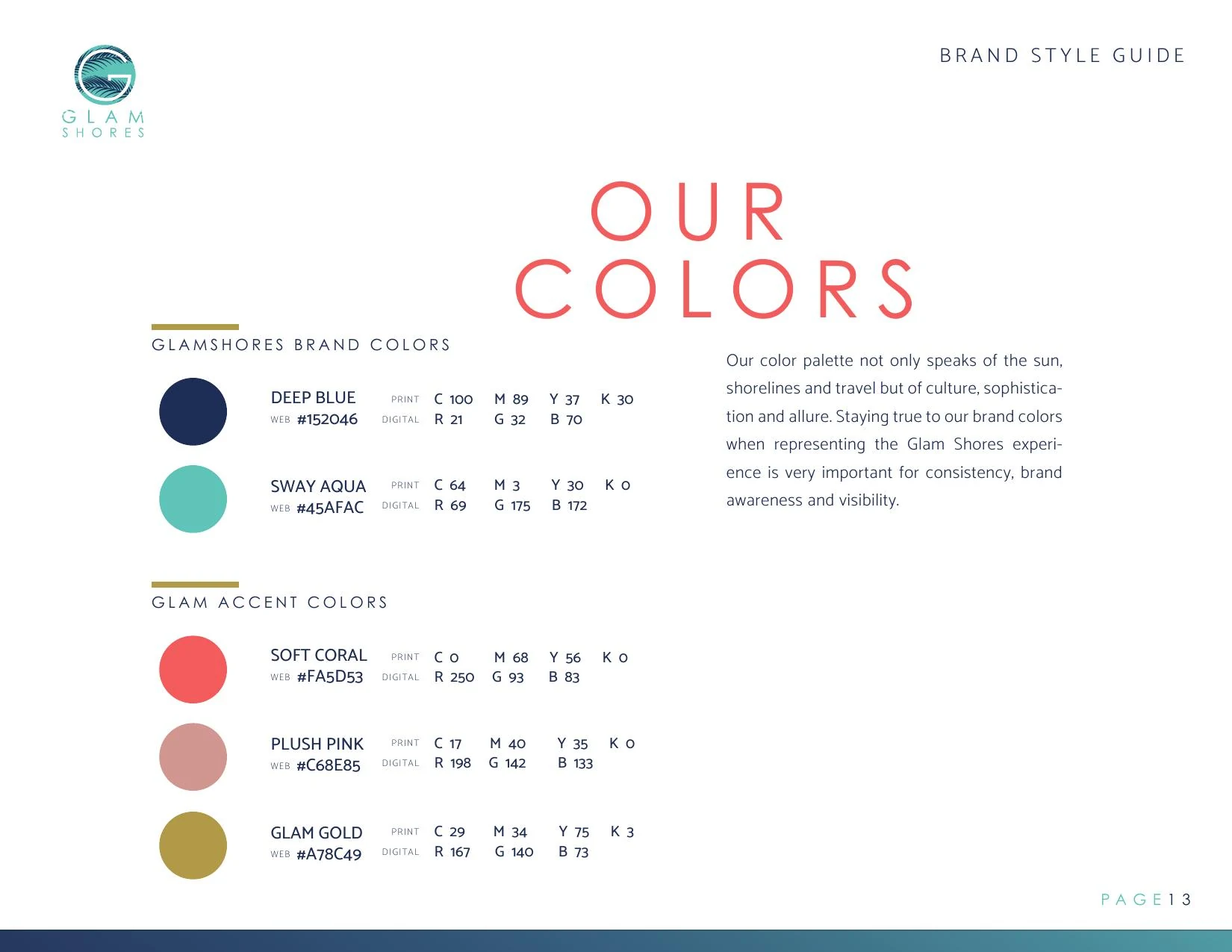 Glam Shores brand color palette page with Deep Blue, Sway Aqua, Soft Coral, Plush Pink and Glam Gold
