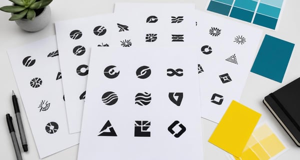 Printed logo concept sheets fanned out beside blue and yellow color swatches