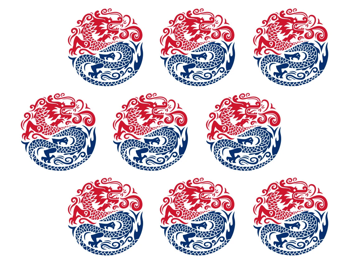 Repeating red and blue YONG dragon medallion pattern