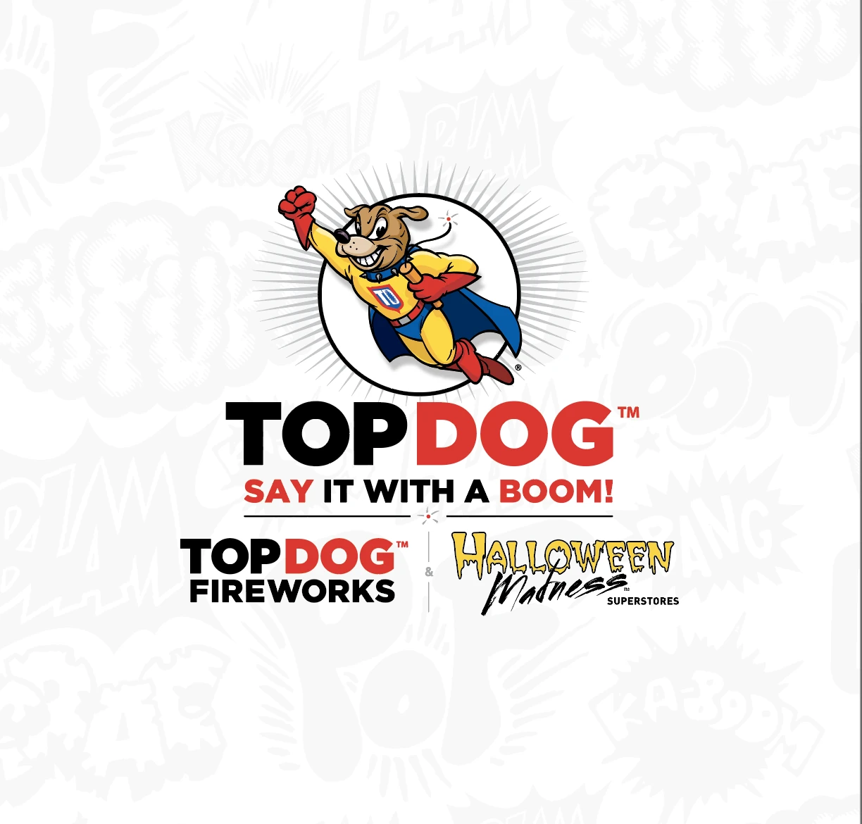TopDog brand lockup with hero-dog mascot, Say it with a boom! tagline, and TopDog Fireworks and Halloween Madness Superstores division logos