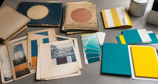 Faded, dated printed marketing materials laid beside fresh modern brand color samples