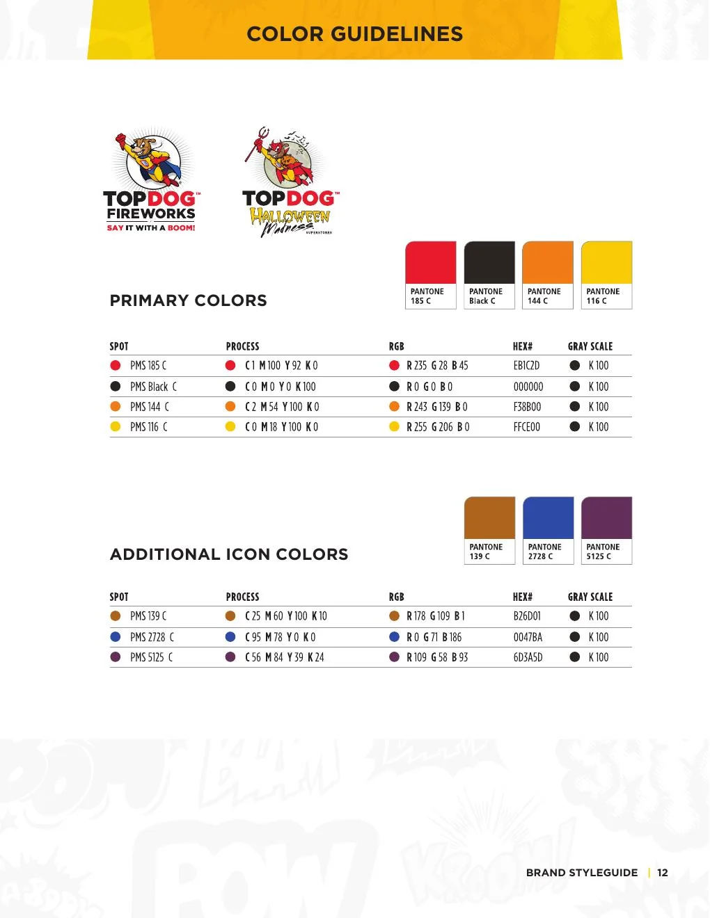 TopDog brand color guidelines with primary and additional icon color palettes