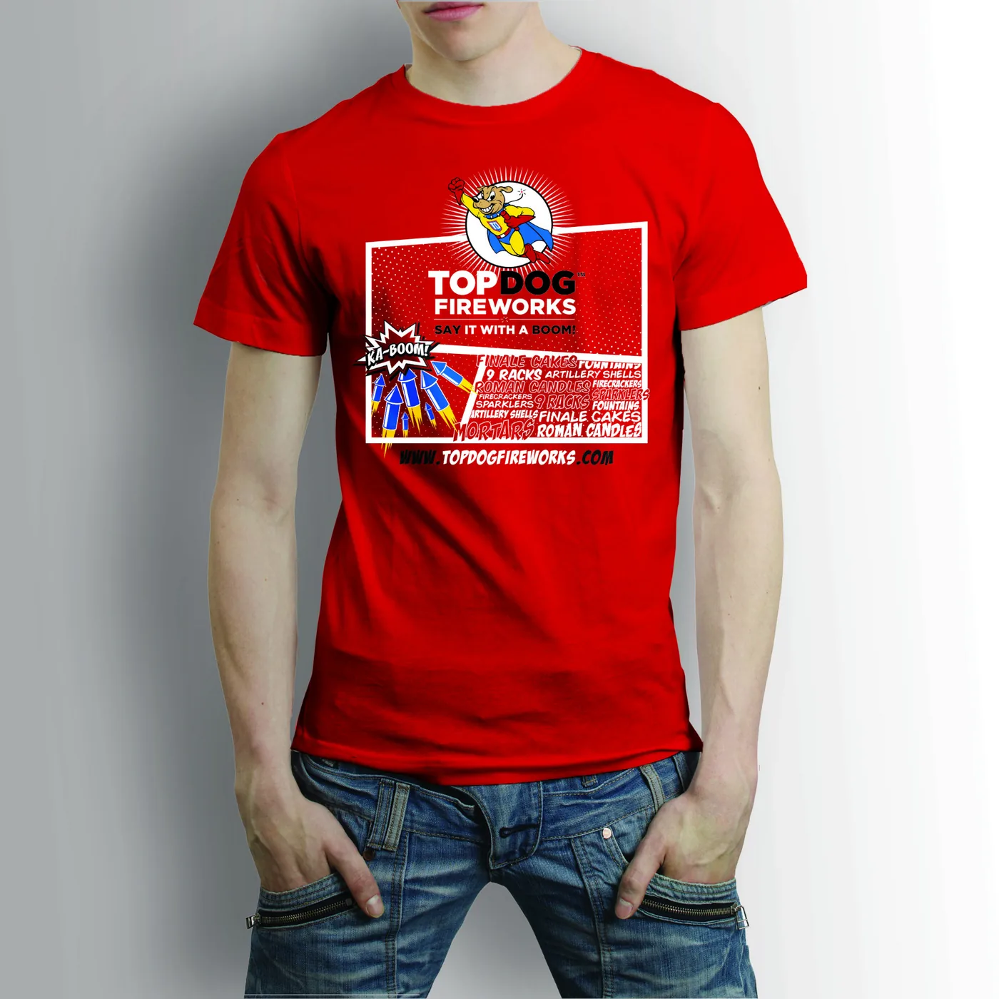 Red TopDog Fireworks branded t-shirt with product line-up illustration