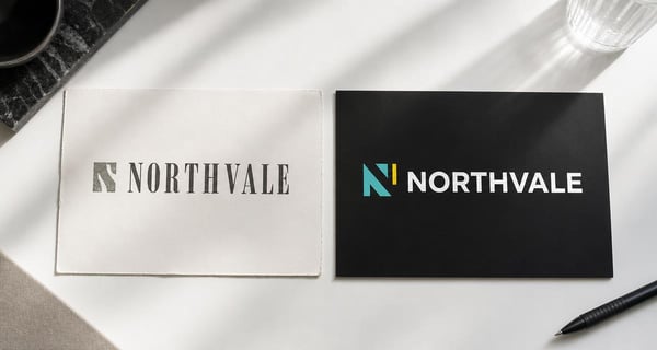 Two printed brand versions side by side, an older mark next to a refreshed modern one