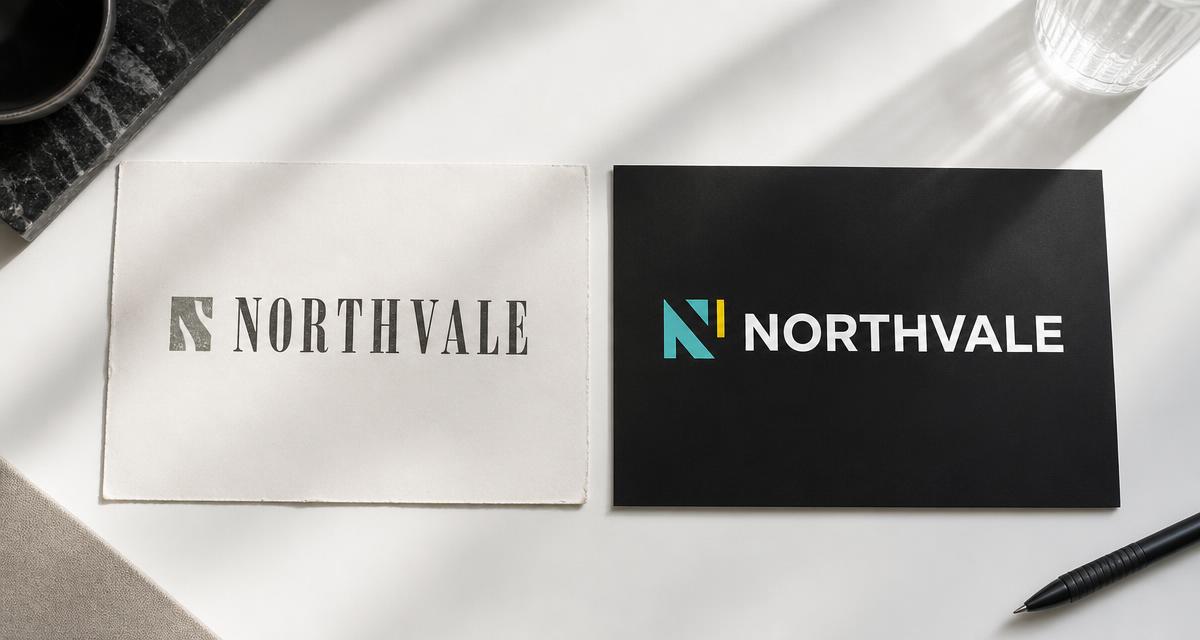 Two printed brand versions side by side, an older mark next to a refreshed modern one
