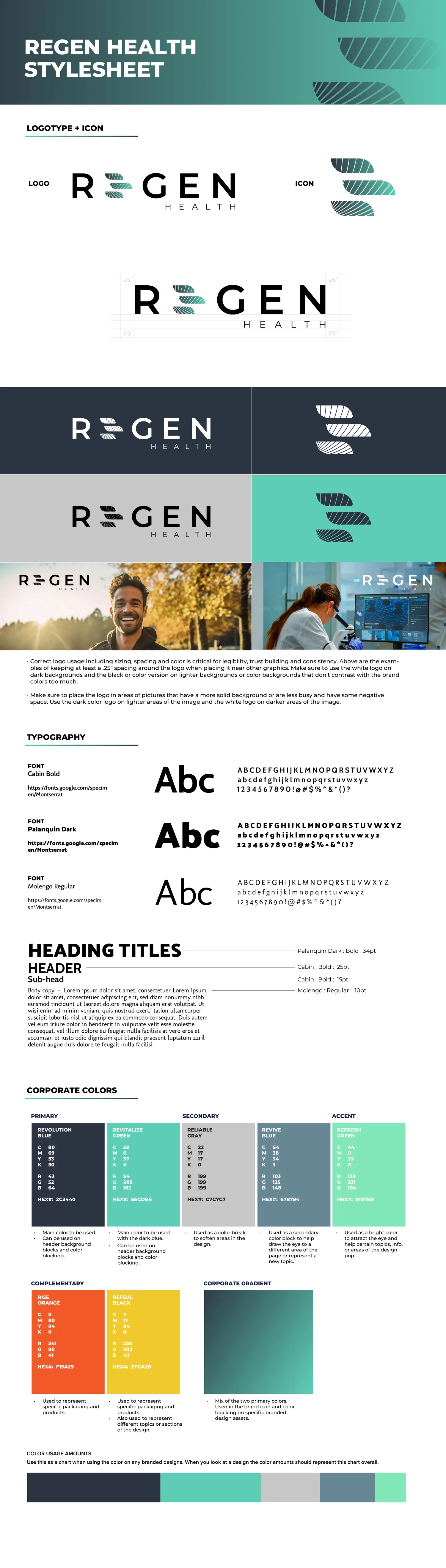 Full R3Gen Health brand stylesheet showing logo, typography and color rules