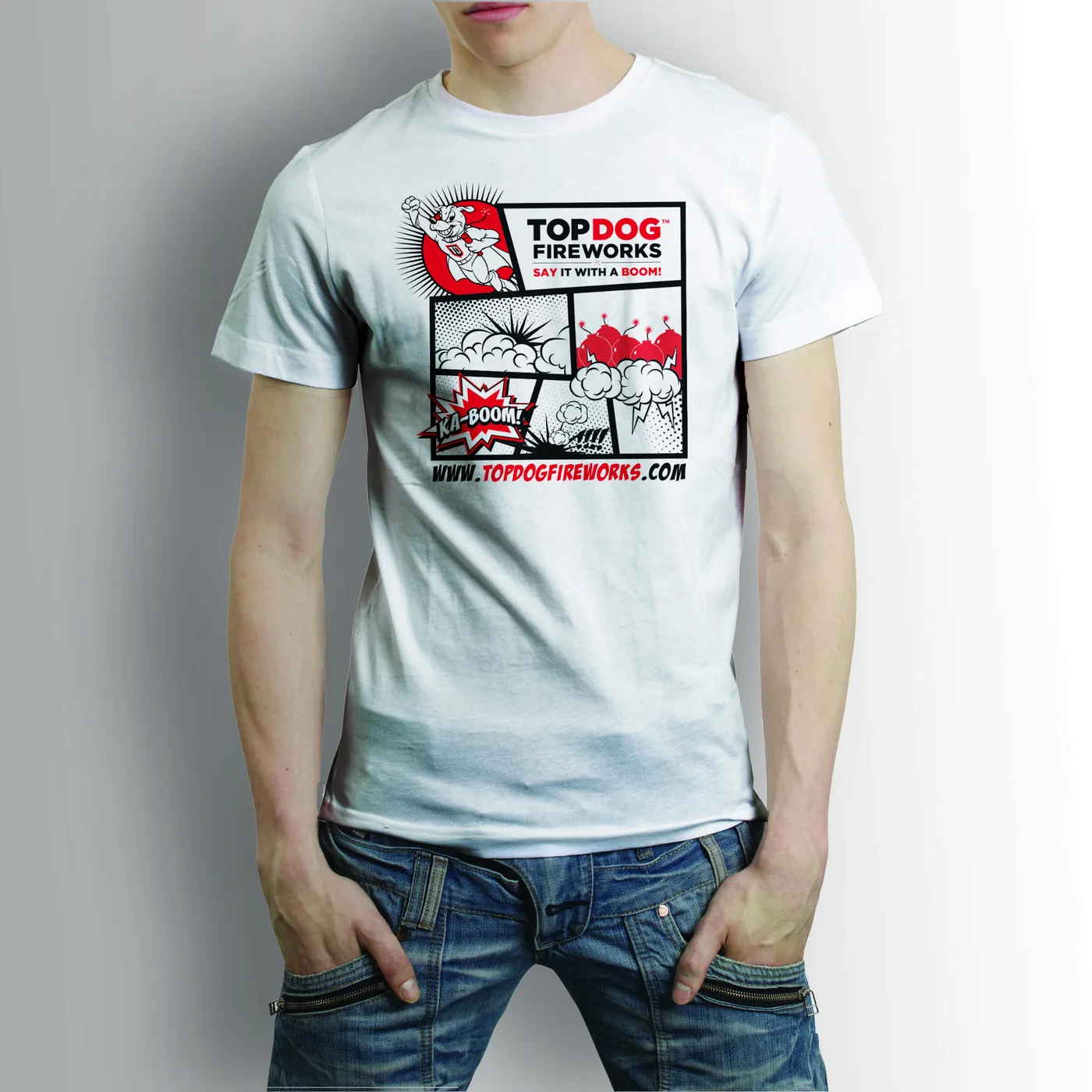 White TopDog Fireworks branded t-shirt with comic style hero dog graphic