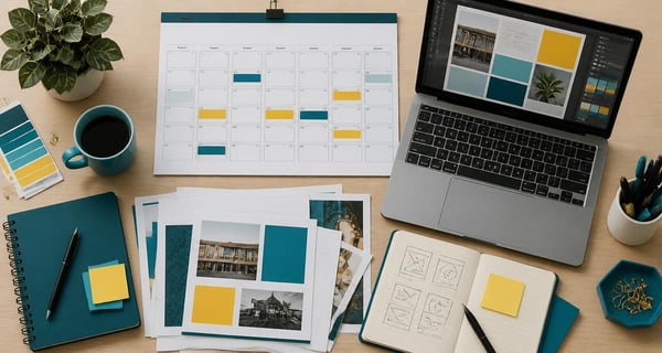 Planning calendar, stacked printed deliverables and a laptop showing design layouts