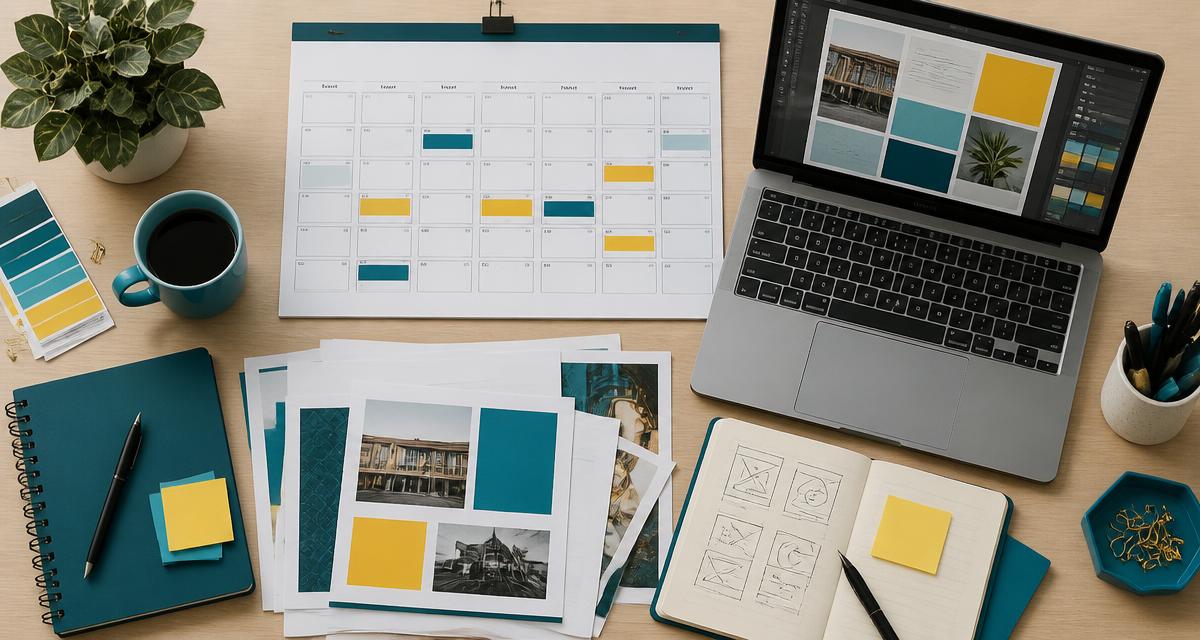 Planning calendar, stacked printed deliverables and a laptop showing design layouts