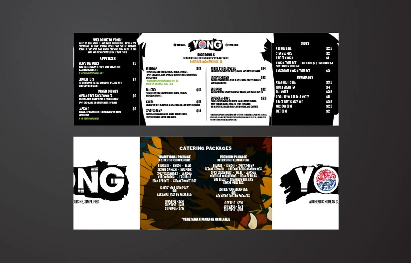 YONG gatefold menu spread with appetizers, rice bowls, sides, beverages and catering packages