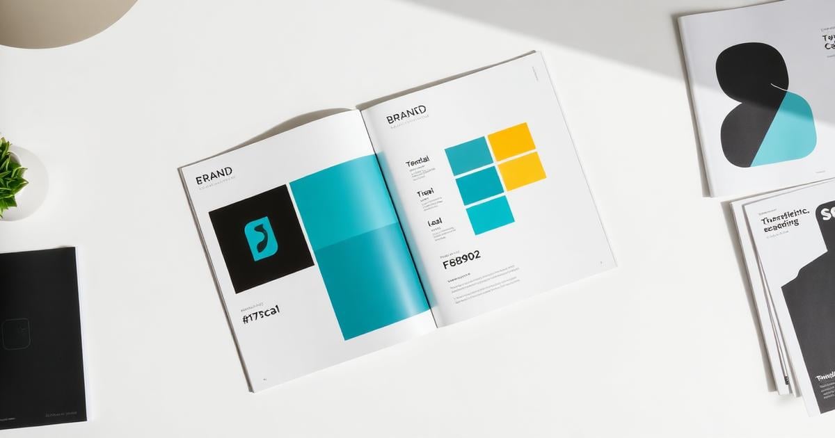 An open brand guidelines booklet showing logo, type and color rules beside printed stationery