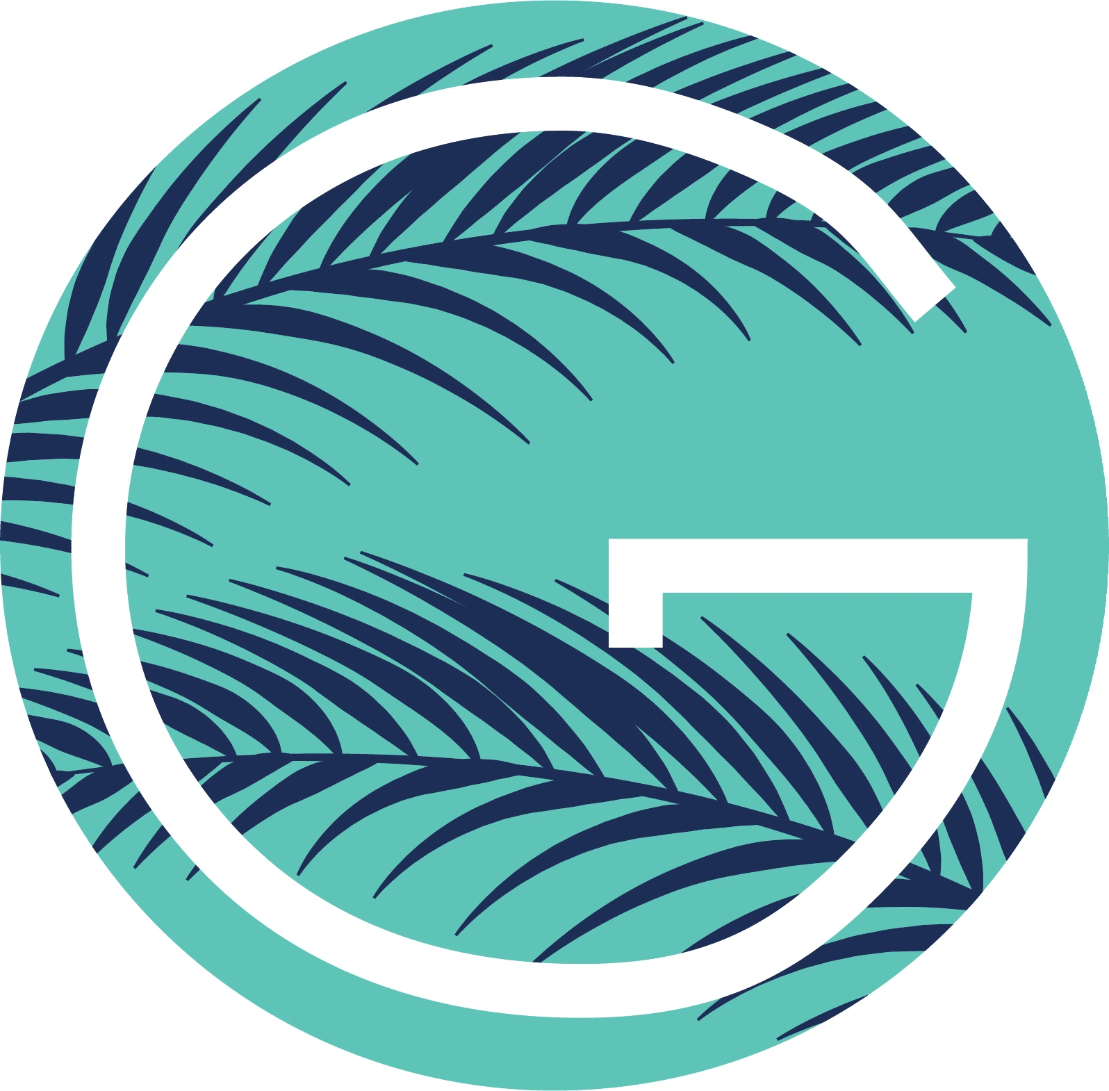 Glam Shores standalone G monogram icon with sway aqua fill and palm frond illustration