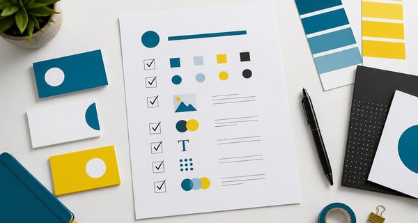 A printed branding checklist with ticked boxes surrounded by business cards and color chips