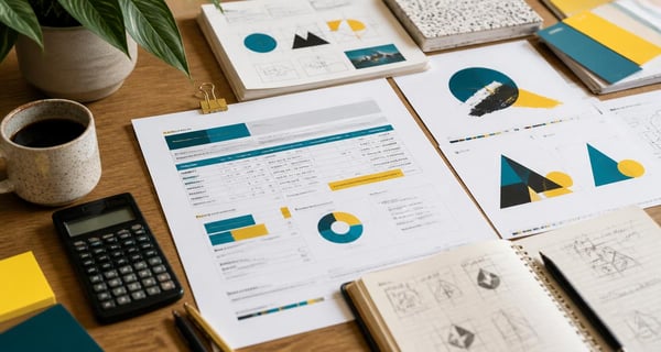 Branding budget worksheets, calculator and printed design proofs on a studio desk