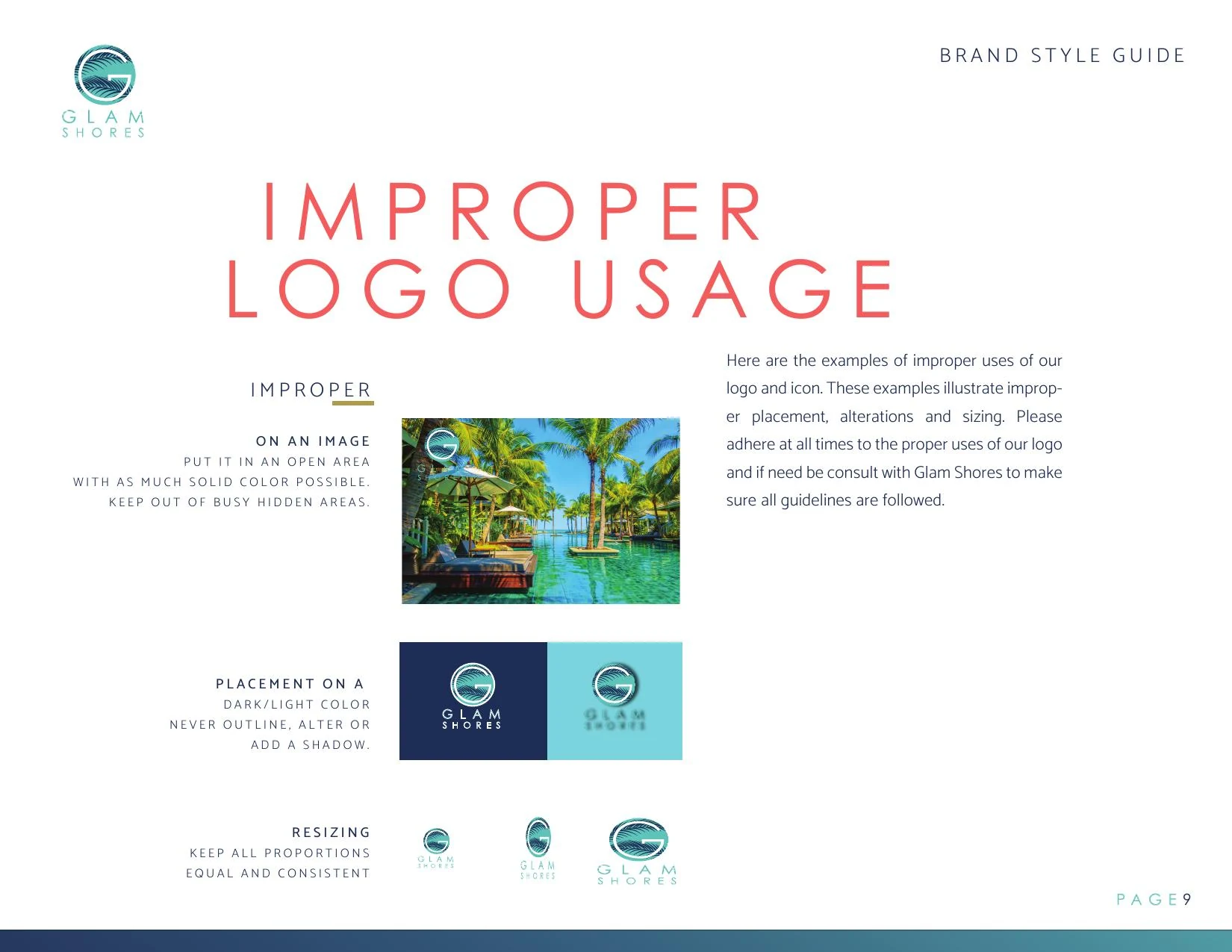 Glam Shores brand style guide improper logo usage examples across imagery, dark and light backgrounds, and resizing