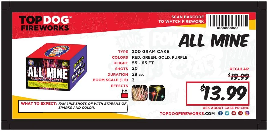 TopDog Fireworks product label design for the All Mine 200 gram cake