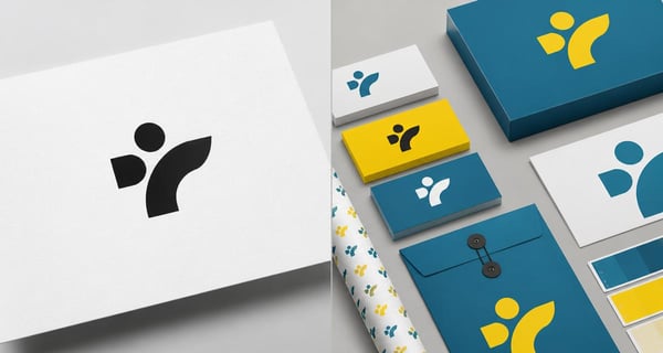 A single logo mark on a card next to a full brand identity system of cards, packaging and stationery